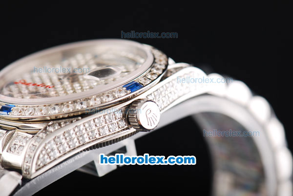 Rolex Day Date Swiss ETA 2836 Automatic Movement Full Steel with Full Diamond and Blue Diamond Markers - Click Image to Close